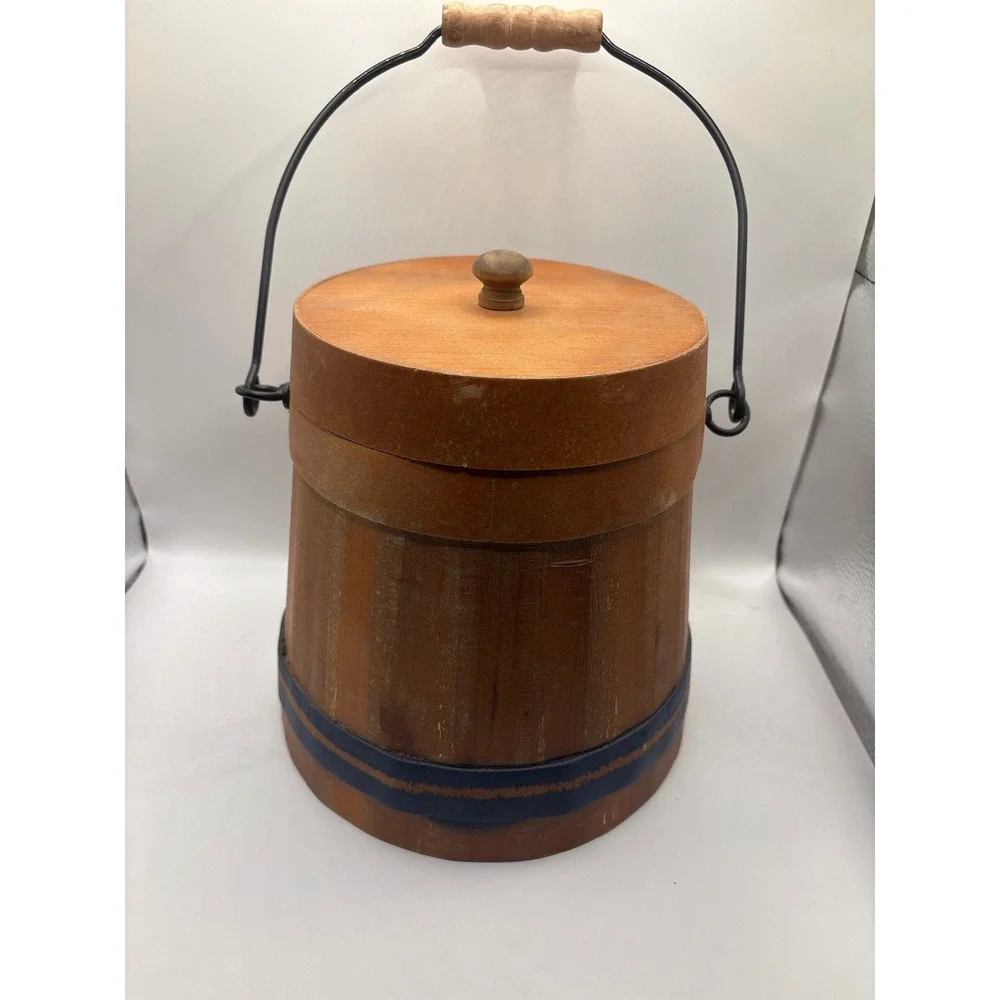 Rustic Wooden Decorative Bucket with Lid and Metal Handle Farmhouse Decor